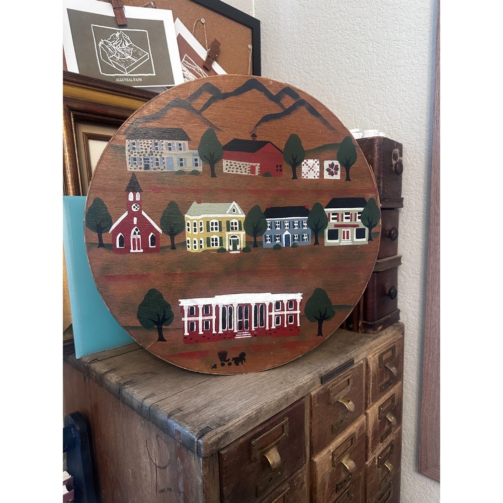 Vtg Hand Painted Wooden Cheese Box FolkArt Americana Primitive Village Scene Lid
